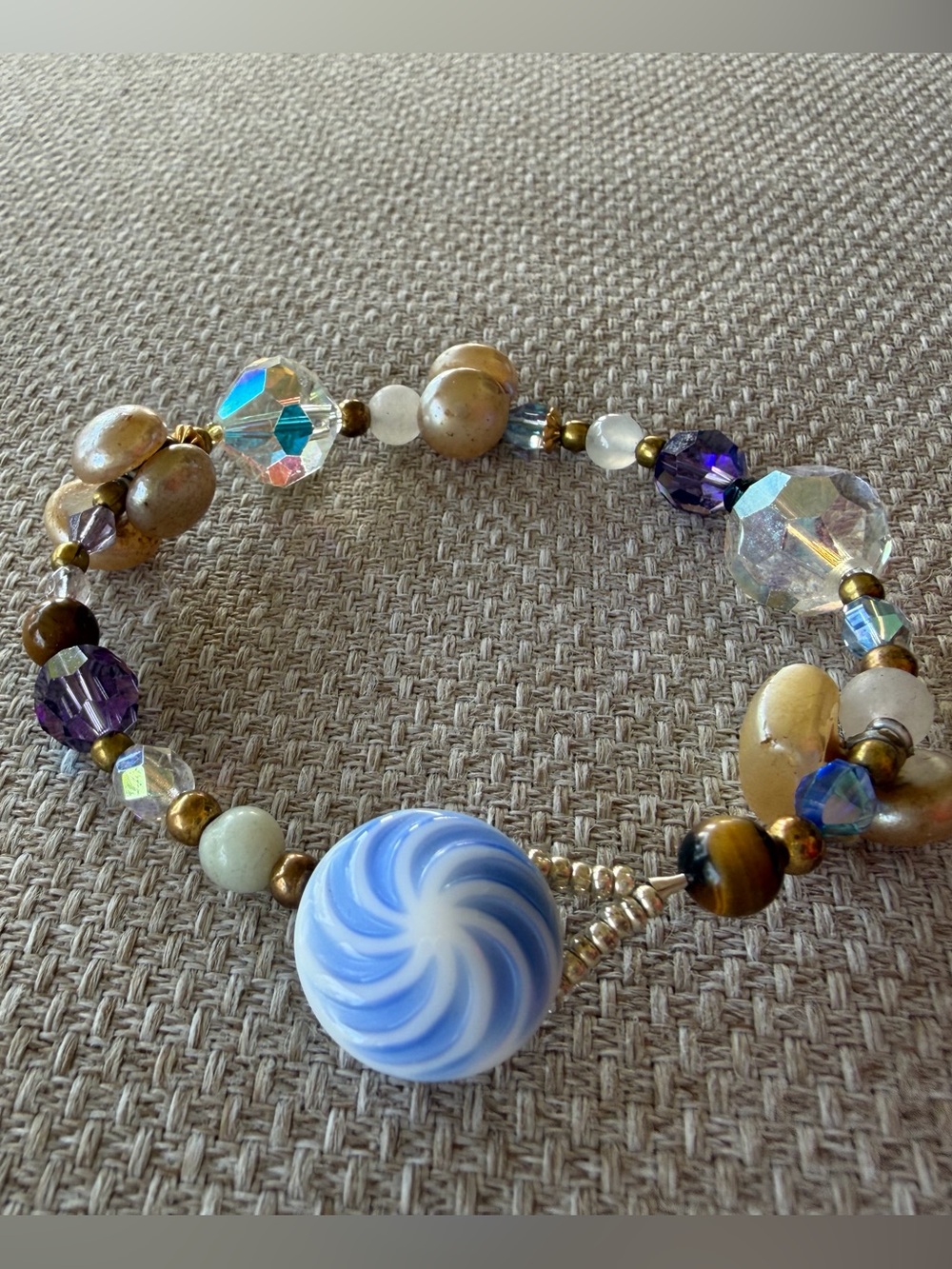Handcrafted Blue Swirl Vintage Button Closure Beaded Bracelet